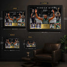 Jaylen Brown Finals MVP wall art size guide showing small, medium, large and extra large framed dimensions.