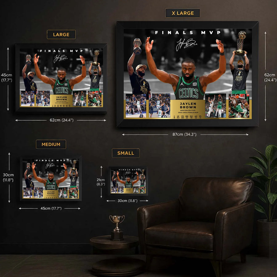 Jaylen Brown Finals MVP wall art size guide showing small, medium, large and extra large framed dimensions.