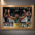Oak framed Jaylen Brown Finals MVP basketball wall art with Celtics action photography, trophy images and a gold name plaque.