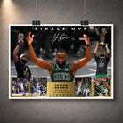 Unframed Jaylen Brown Finals MVP basketball wall art print with Celtics action shots, trophy images and a gold plaque.