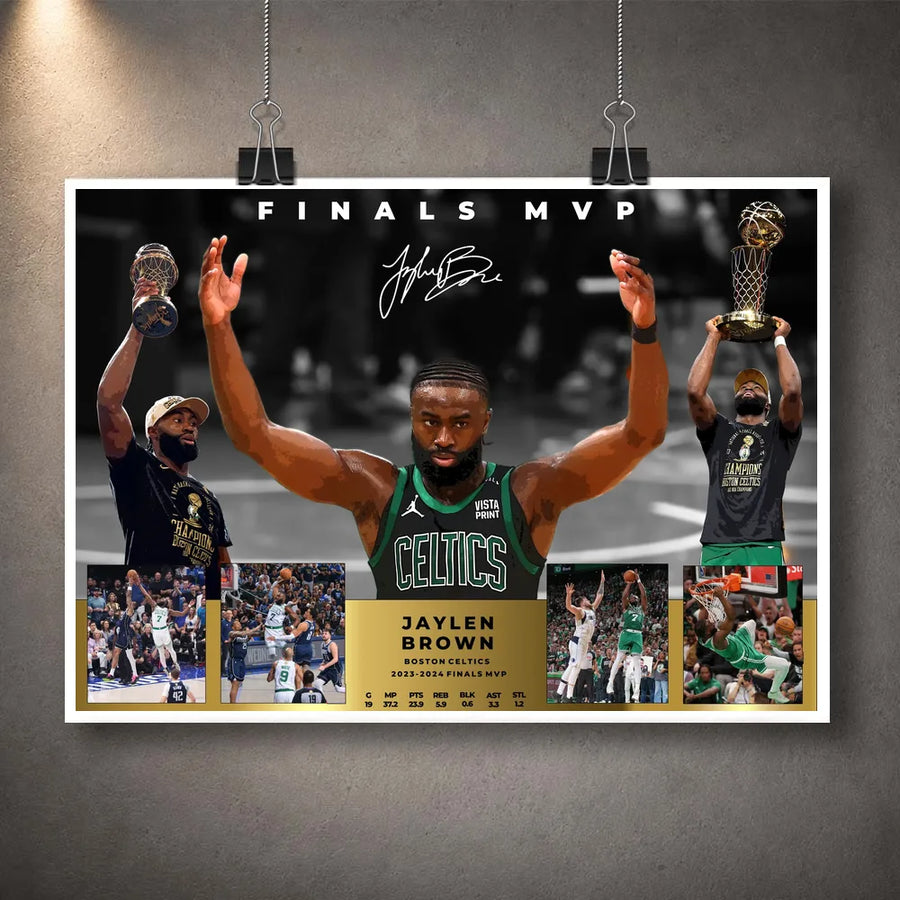 Unframed Jaylen Brown Finals MVP basketball wall art print with Celtics action shots, trophy images and a gold plaque.