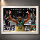 White framed Jaylen Brown Finals MVP basketball wall art with Celtics action photography and a championship tribute design.