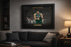 Jayson Tatum Celtics framed artwork displayed above sofa in modern living room, premium man cave wall décor.