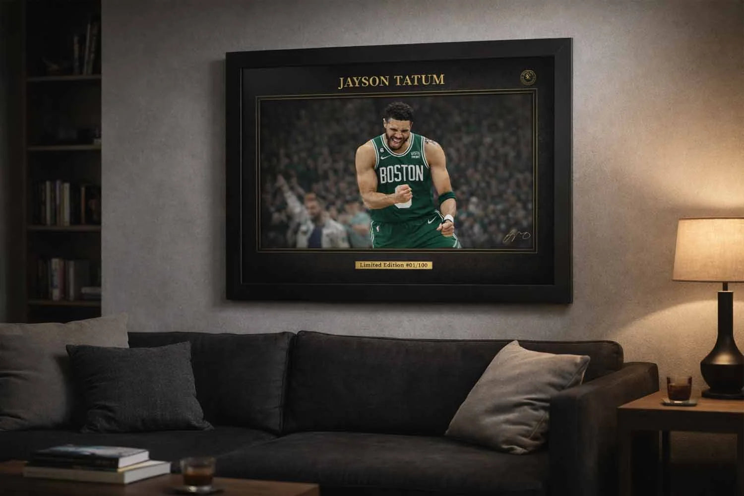 Jayson Tatum Celtics framed artwork displayed above sofa in modern living room, premium man cave wall décor.