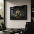 Jayson Tatum Celtics wall art in black frame above a desk in a clean premium office setting.