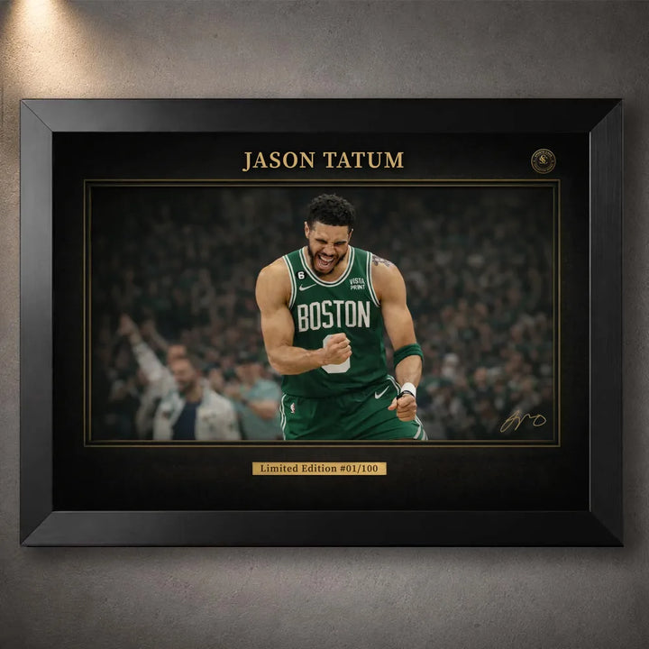 Jayson Tatum Boston Celtics basketball wall art in a black frame with gold details and limited edition plate.