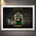 Jayson Tatum Boston Celtics basketball wall art in a white frame with black matting and gold border.