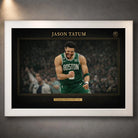 Jayson Tatum Boston Celtics basketball wall art in a white frame with black matting and gold border.