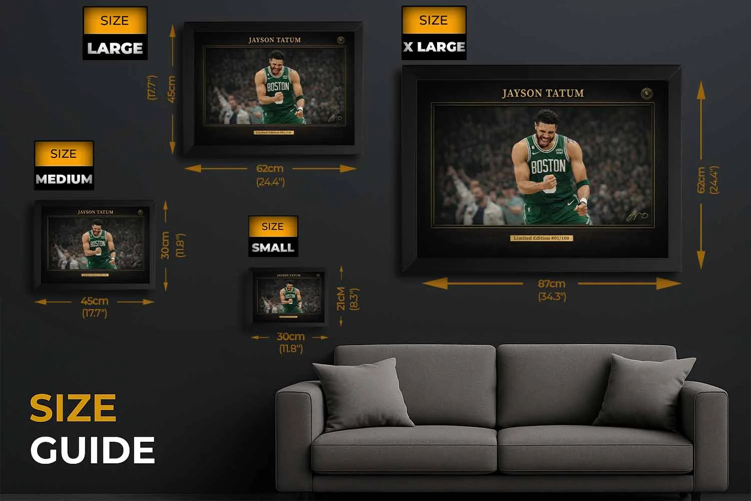 Jayson Tatum framed NBA artwork size guide showing small, medium, large and XL options for premium sports wall art.