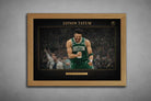 Jayson Tatum Boston Celtics limited edition artwork displayed in oak wood frame, premium sports wall art for NBA fans.