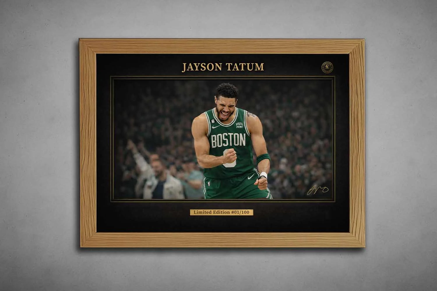 Jayson Tatum Boston Celtics limited edition artwork displayed in oak wood frame, premium sports wall art for NBA fans.
