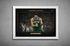 Jayson Tatum Celtics celebration artwork in white frame mockup, elegant framed sports art for modern basketball interiors.