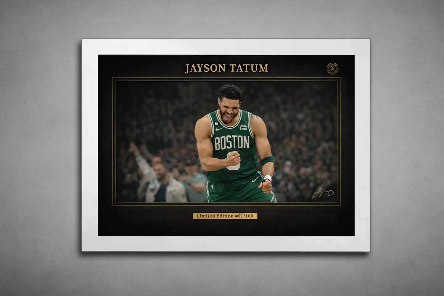 Jayson Tatum Celtics celebration artwork in white frame mockup, elegant framed sports art for modern basketball interiors.