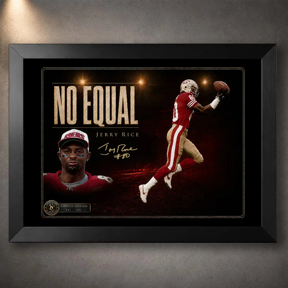 Black framed Jerry Rice NFL wall art featuring the No Equal collector design for a dedicated 49ers fan space.