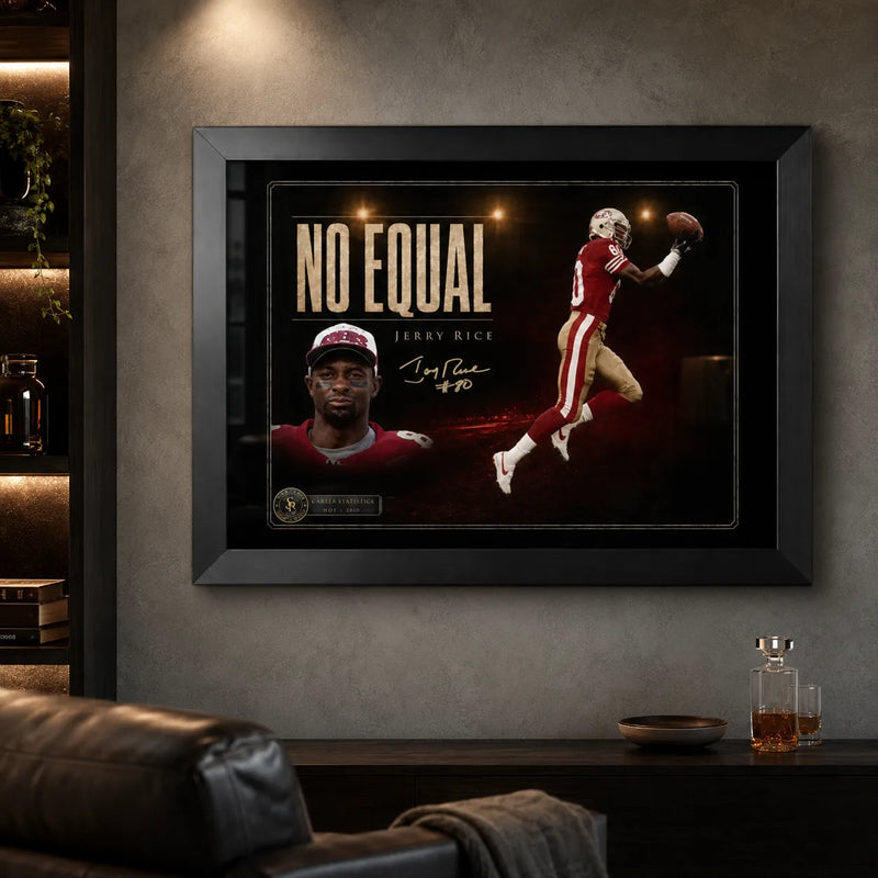 Jerry Rice wall art displayed in a dark premium man cave with a black frame and subtle collector styling.