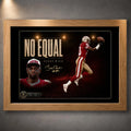 Oak framed Jerry Rice NFL wall art featuring the No Equal design in San Francisco red and gold.