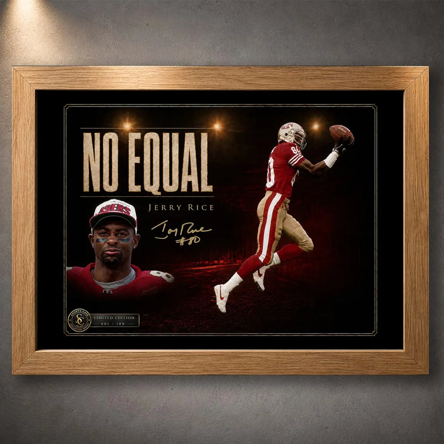 Oak framed Jerry Rice NFL wall art featuring the No Equal design in San Francisco red and gold.