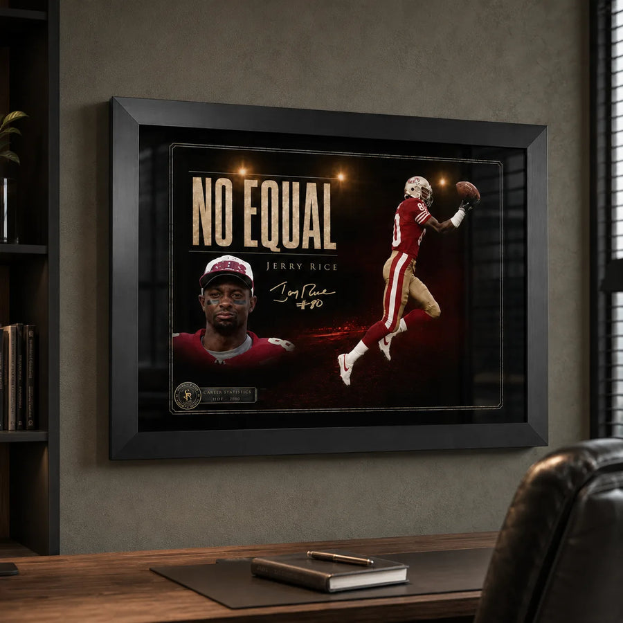 Black framed Jerry Rice wall art mounted in a refined home office with warm timber and natural window light.