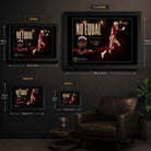 Jerry Rice wall art size guide showing small, medium, large and extra-large framed dimensions.
