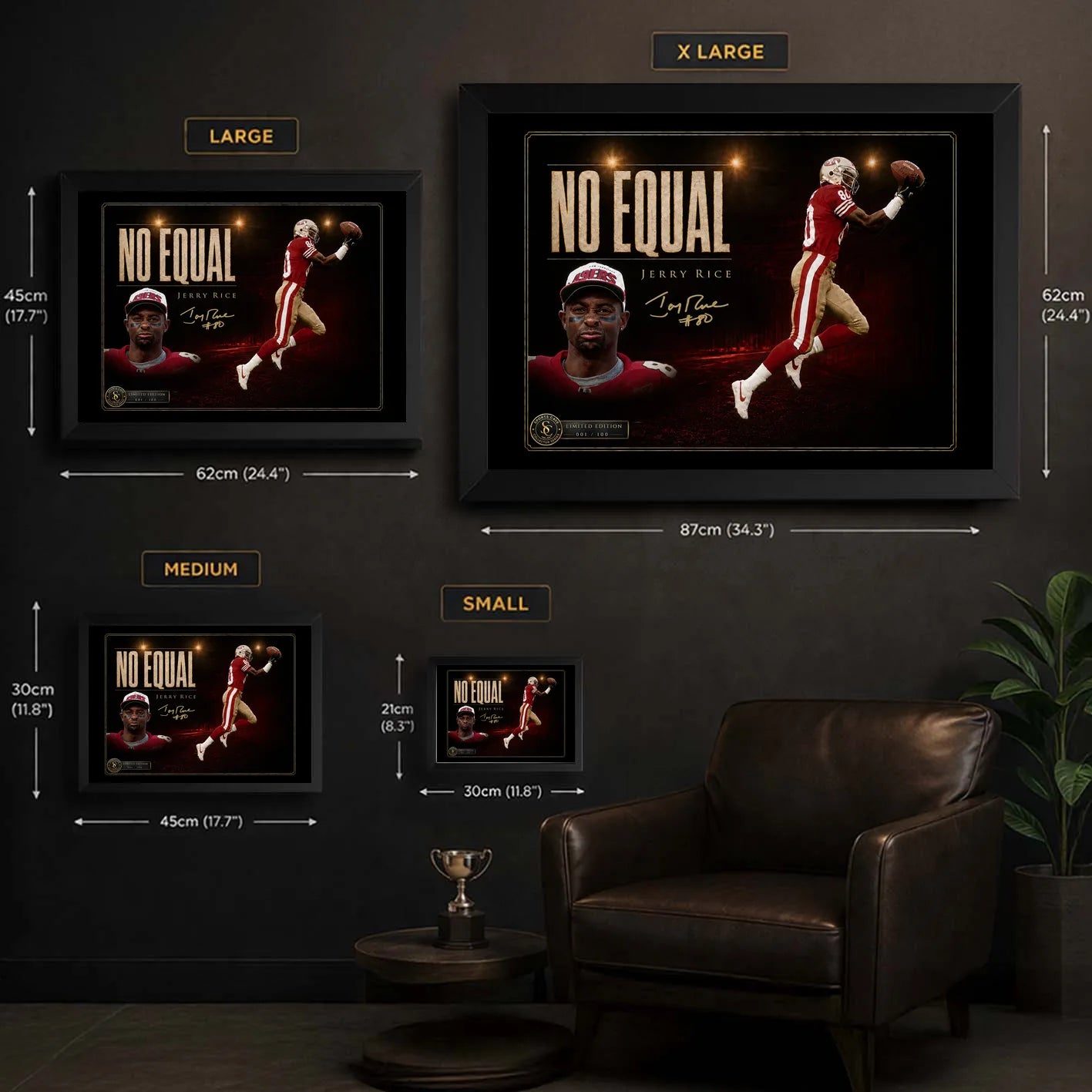 Jerry Rice wall art size guide showing small, medium, large and extra-large framed dimensions.