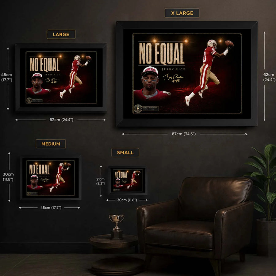 Jerry Rice wall art size guide showing small, medium, large and extra-large framed dimensions.