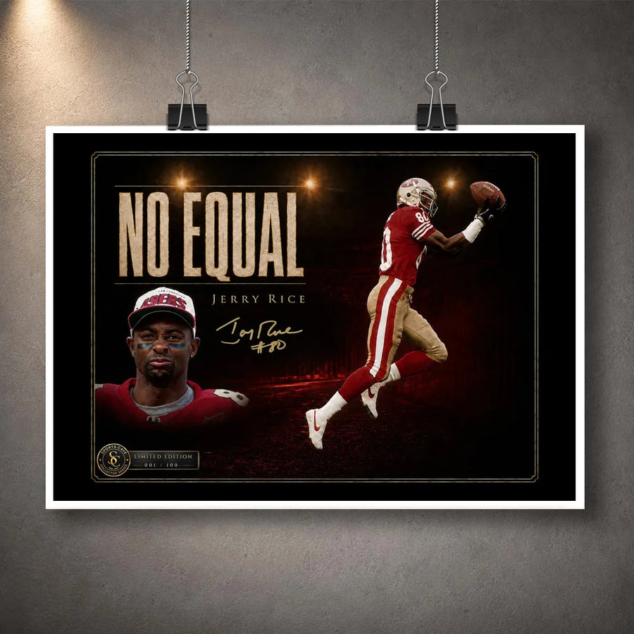 Unframed Jerry Rice NFL wall art featuring the No Equal design, portrait, signature and action scene.