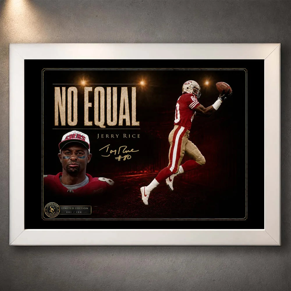 White framed Jerry Rice NFL wall art featuring the No Equal collector design on a neutral wall.