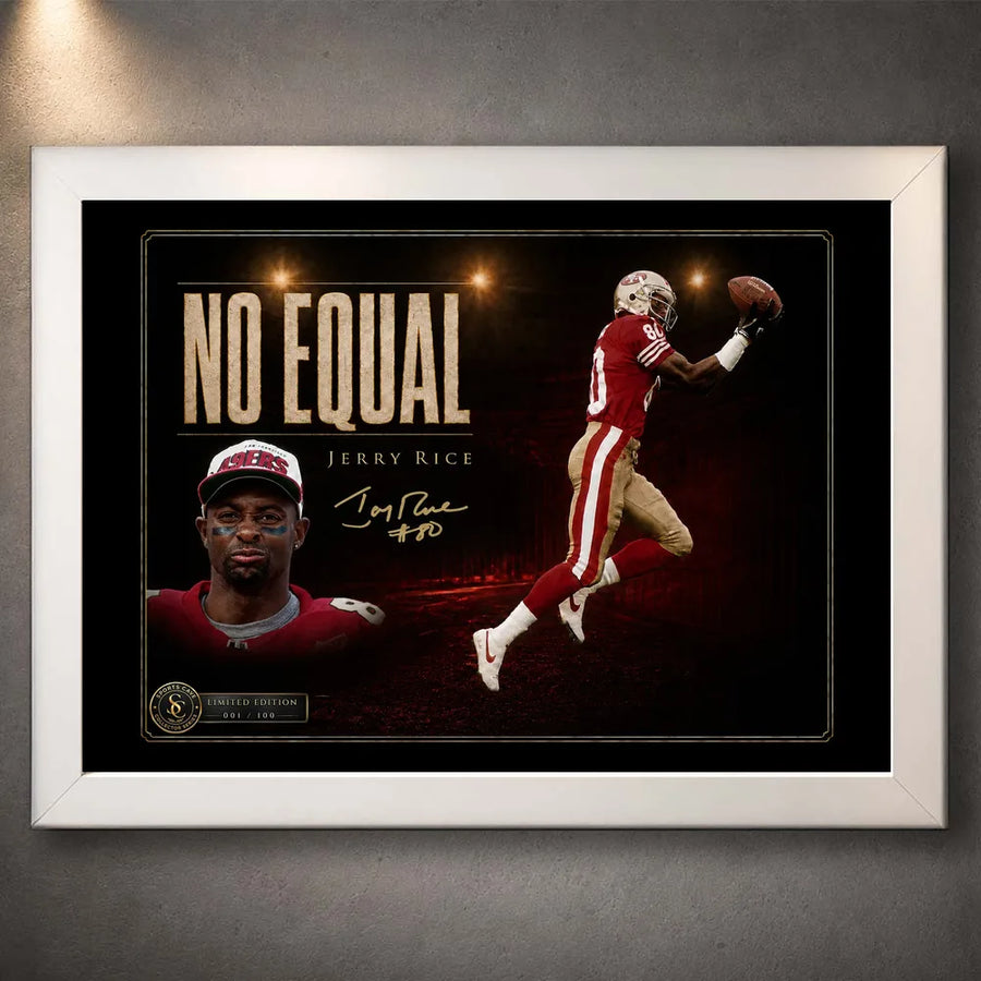 White framed Jerry Rice NFL wall art featuring the No Equal collector design on a neutral wall.