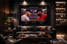 Derek Jeter vs David Ortiz framed artwork in luxury baseball man cave, dramatic lighting, man cave wall décor centerpiece