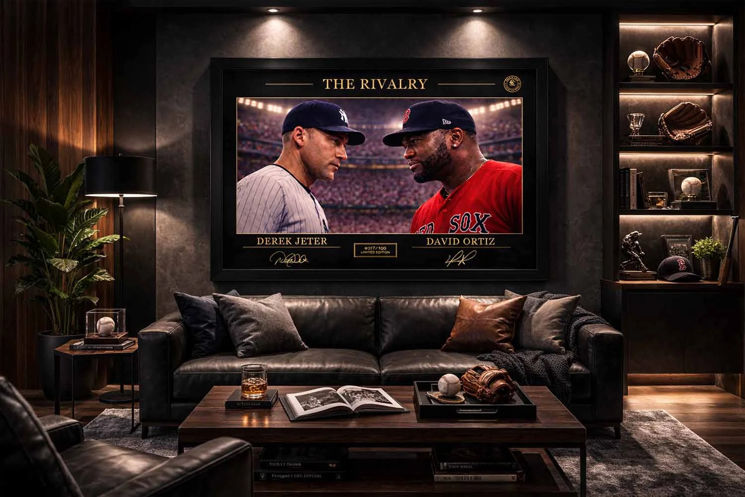Derek Jeter vs David Ortiz framed artwork in luxury baseball man cave, dramatic lighting, man cave wall décor centerpiece