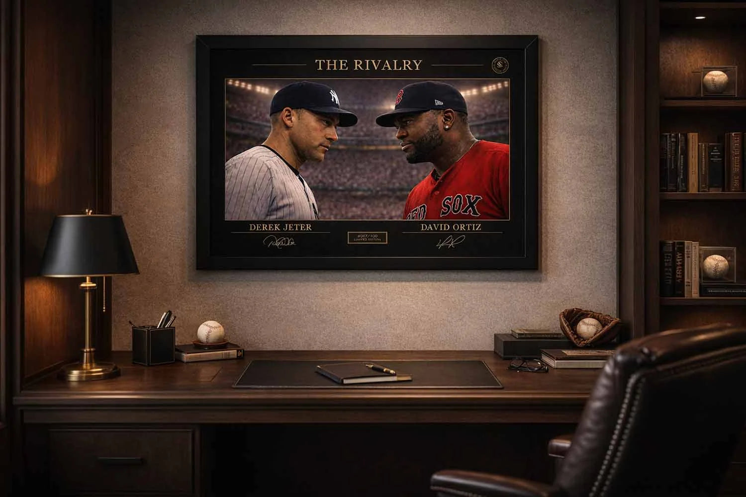 Framed Jeter vs Ortiz rivalry sports wall art in executive office setup, refined baseball decor, premium collector display