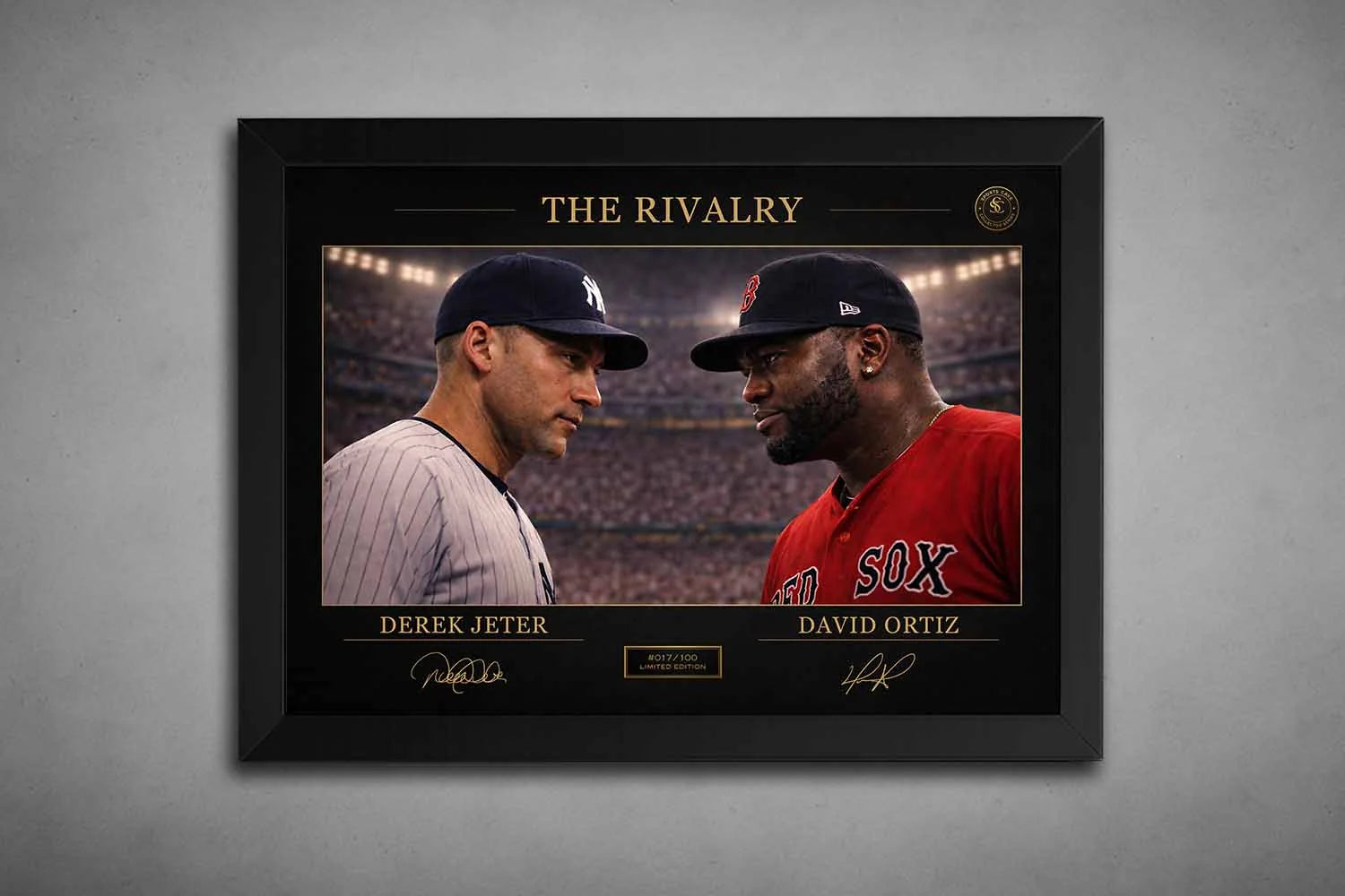 Framed Derek Jeter vs David Ortiz rivalry artwork in black frame, detailed baseball scene, premium sports wall art display