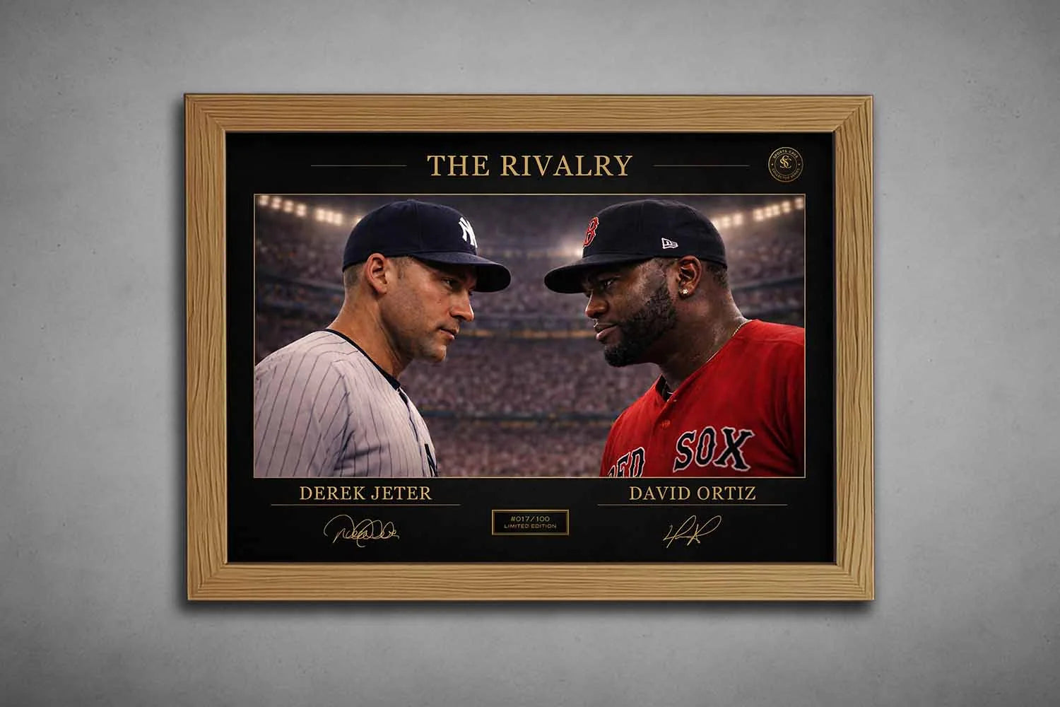 Derek Jeter and David Ortiz rivalry print in oak frame, classic baseball moment, framed sports memorabilia for collectors