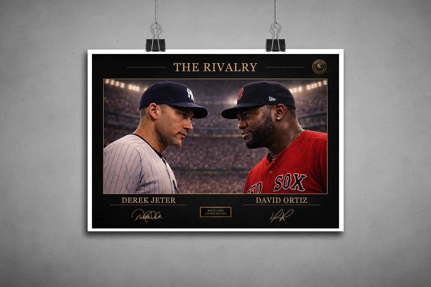 Unframed Derek Jeter vs David Ortiz rivalry poster, sharp baseball artwork print, high-quality sports art prints design