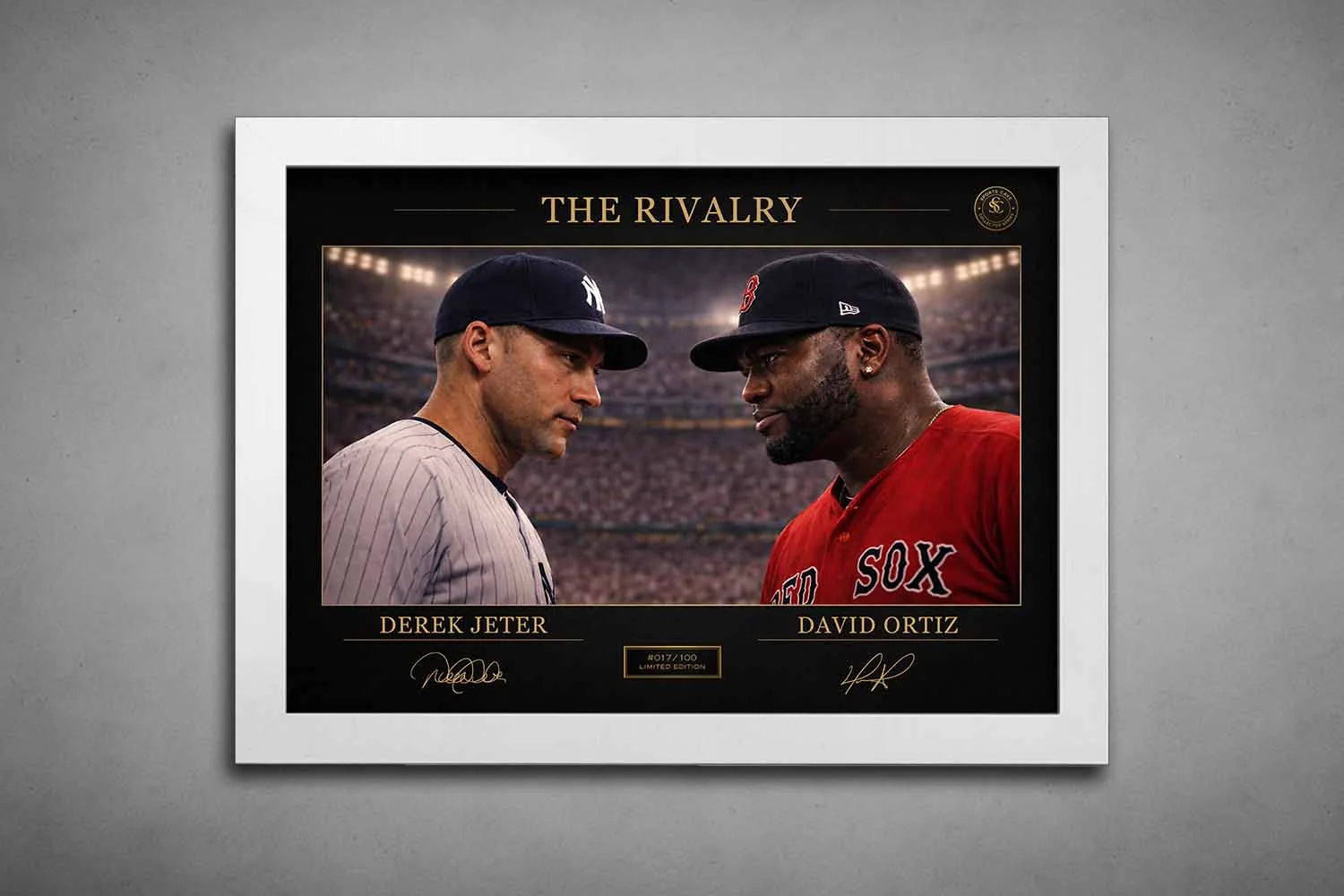 White framed Jeter vs Ortiz baseball rivalry artwork, clean modern display, premium sports collectibles for wall décor