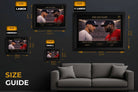 Baseball wall art size guide showing framed Derek Jeter vs David Ortiz print dimensions, choosing sports wall art sizes