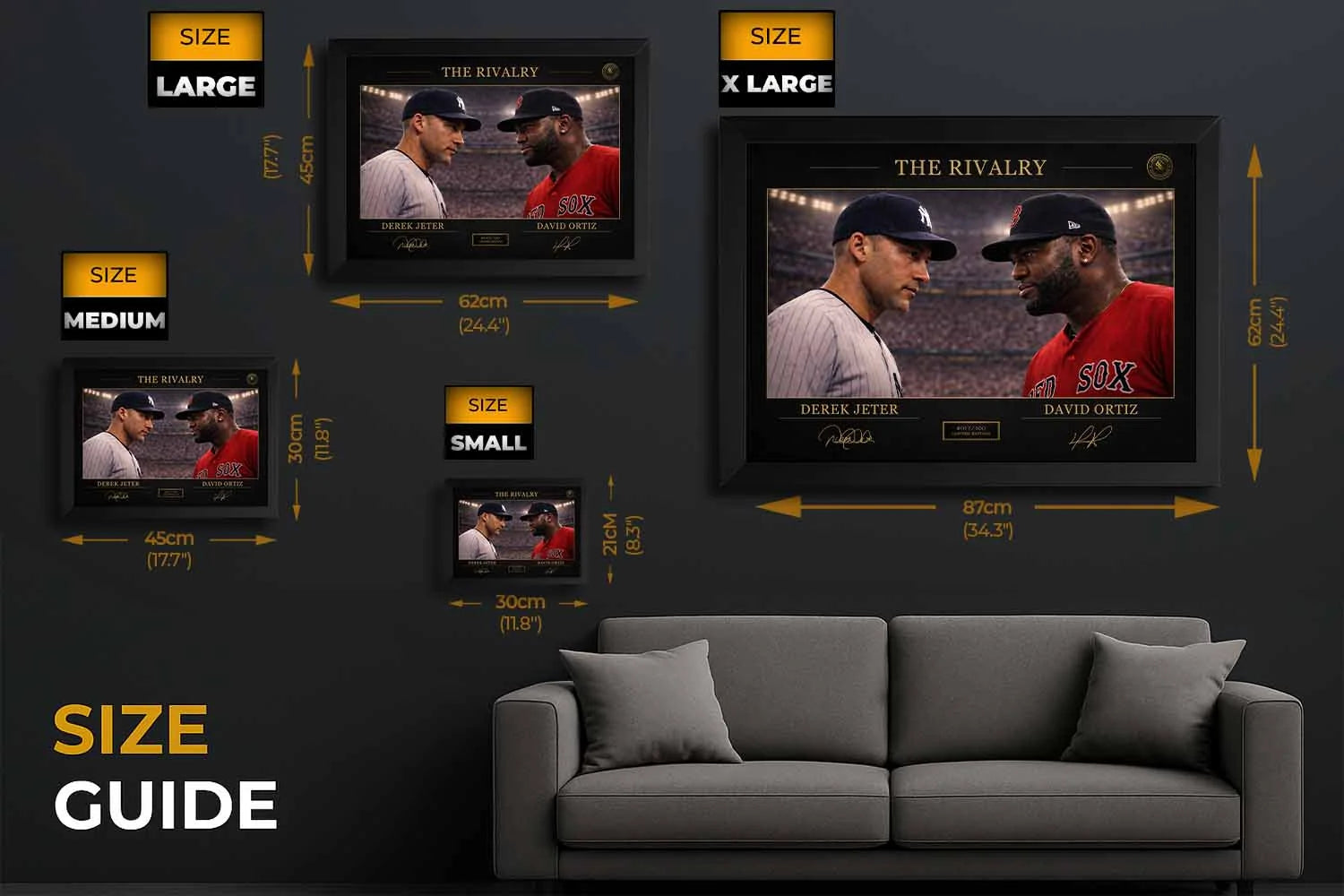Baseball wall art size guide showing framed Derek Jeter vs David Ortiz print dimensions, choosing sports wall art sizes