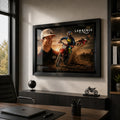 Black framed Jett Lawrence motocross wall art displayed behind a desk in a modern office with neutral walls.
