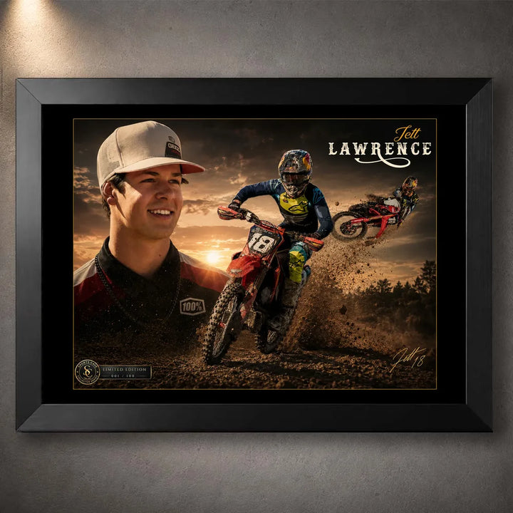 Black framed Jett Lawrence motocross wall art featuring a portrait and dirt bike racing action against a golden sunset.