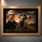 Oak framed Jett Lawrence motocross wall art featuring a portrait and dirt bike racing action at sunset.
