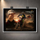 Unframed Jett Lawrence motocross wall art print featuring a portrait and dirt bike racing action against a sunset.