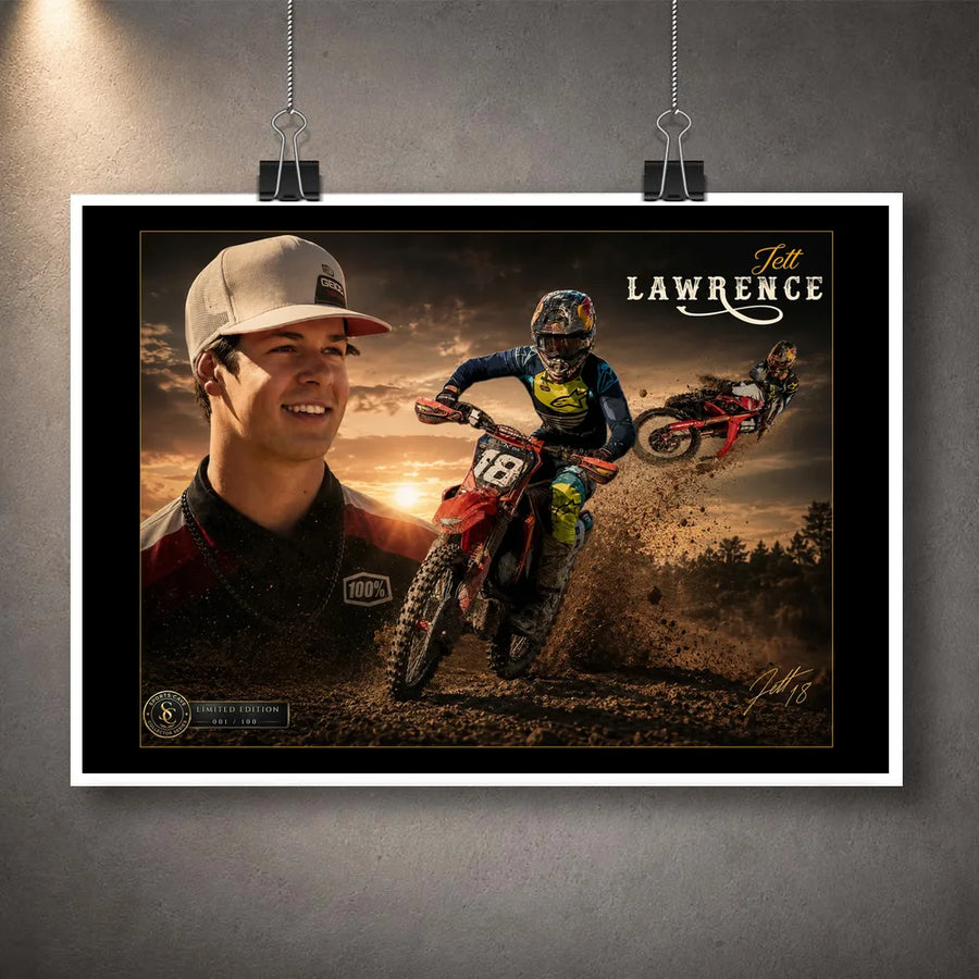 Unframed Jett Lawrence motocross wall art print featuring a portrait and dirt bike racing action against a sunset.