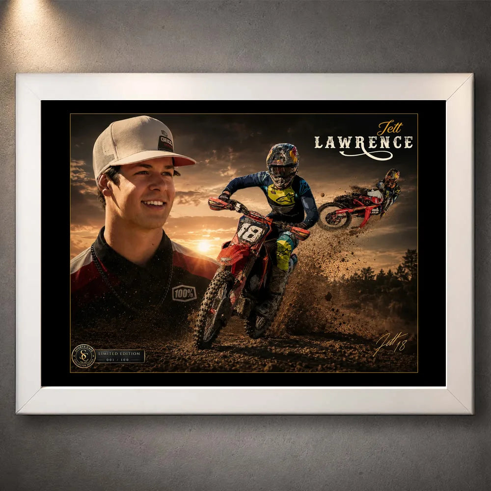 White framed Jett Lawrence motocross wall art featuring a portrait and dirt bike racing action at sunset.