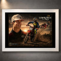White framed Jett Lawrence motocross wall art featuring a portrait and dirt bike racing action at sunset.