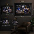 Size guide for Joel Embiid 76ers framed basketball wall art showing S, M, L and XL options.