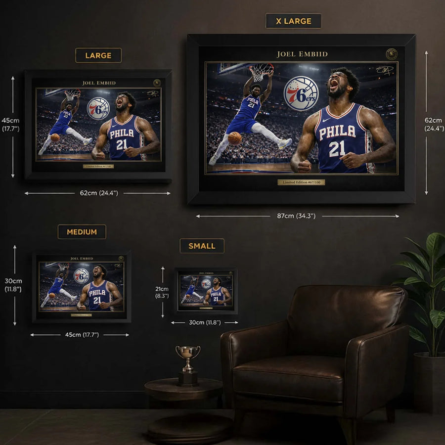 Size guide for Joel Embiid 76ers framed basketball wall art showing S, M, L and XL options.