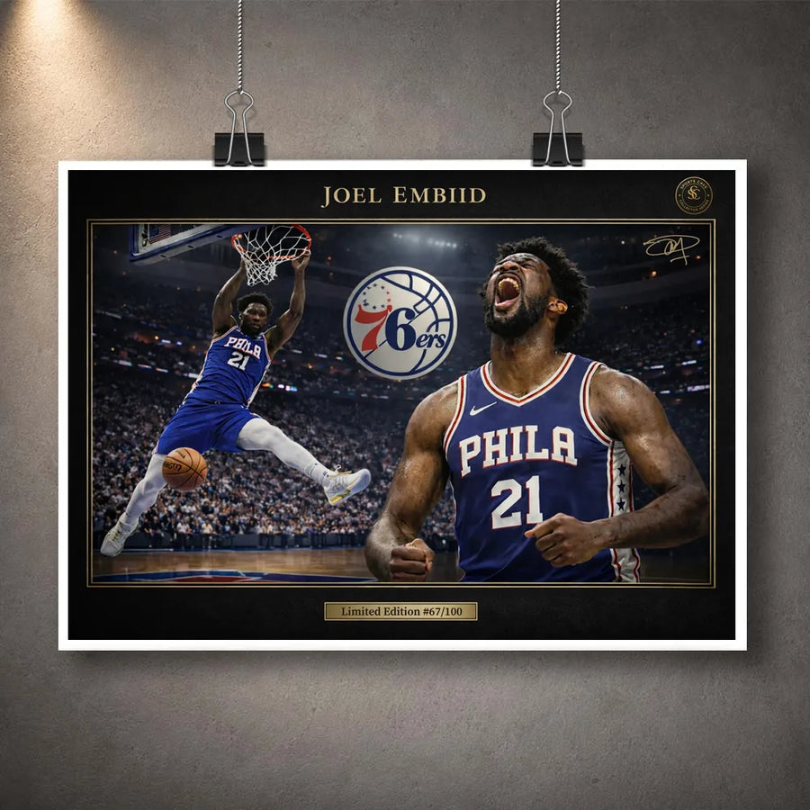 Unframed Joel Embiid 76ers NBA wall art print clipped against a grey wall background.