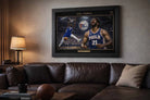Joel Embiid framed sports wall art displayed above leather sofa in modern basketball fan living room man cave wall décor