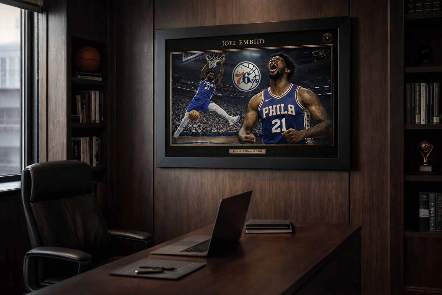 Joel Embiid premium sports collectibles wall art displayed in luxury home office with wood shelves and NBA theme