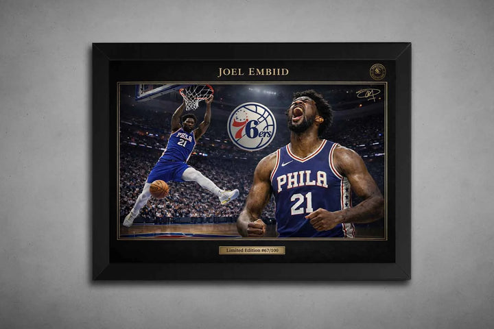 Joel Embiid Philadelphia 76ers limited edition framed sports wall art featuring dunk action and roaring portrait in black frame